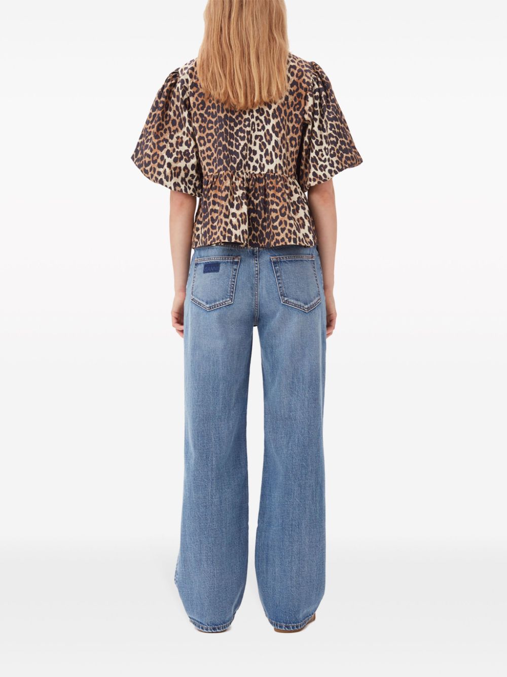Ganni Leopard-Print Organic Cotton Peplum Top Brown