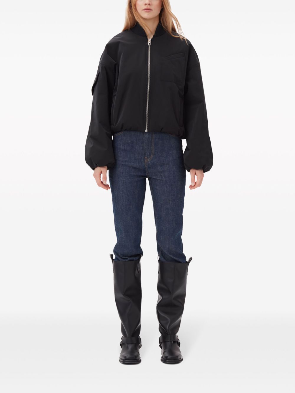 Ganni Oversized Cropped Recycled Polyester Bomber Jacket Black Black
