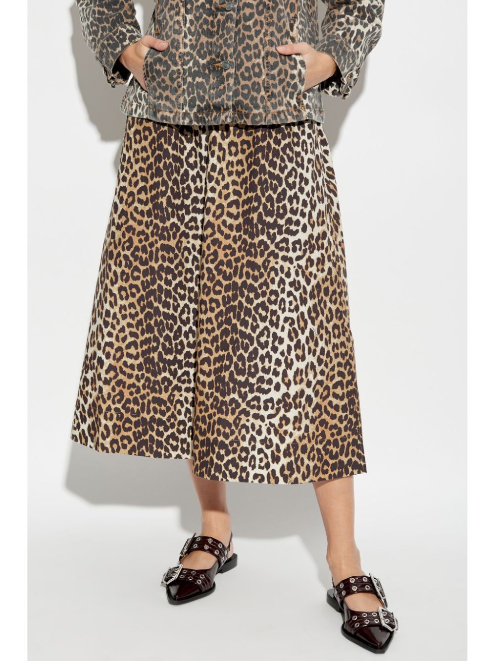 Ganni Leopard Print Organic Cotton A-Line Midi Skirt Brown