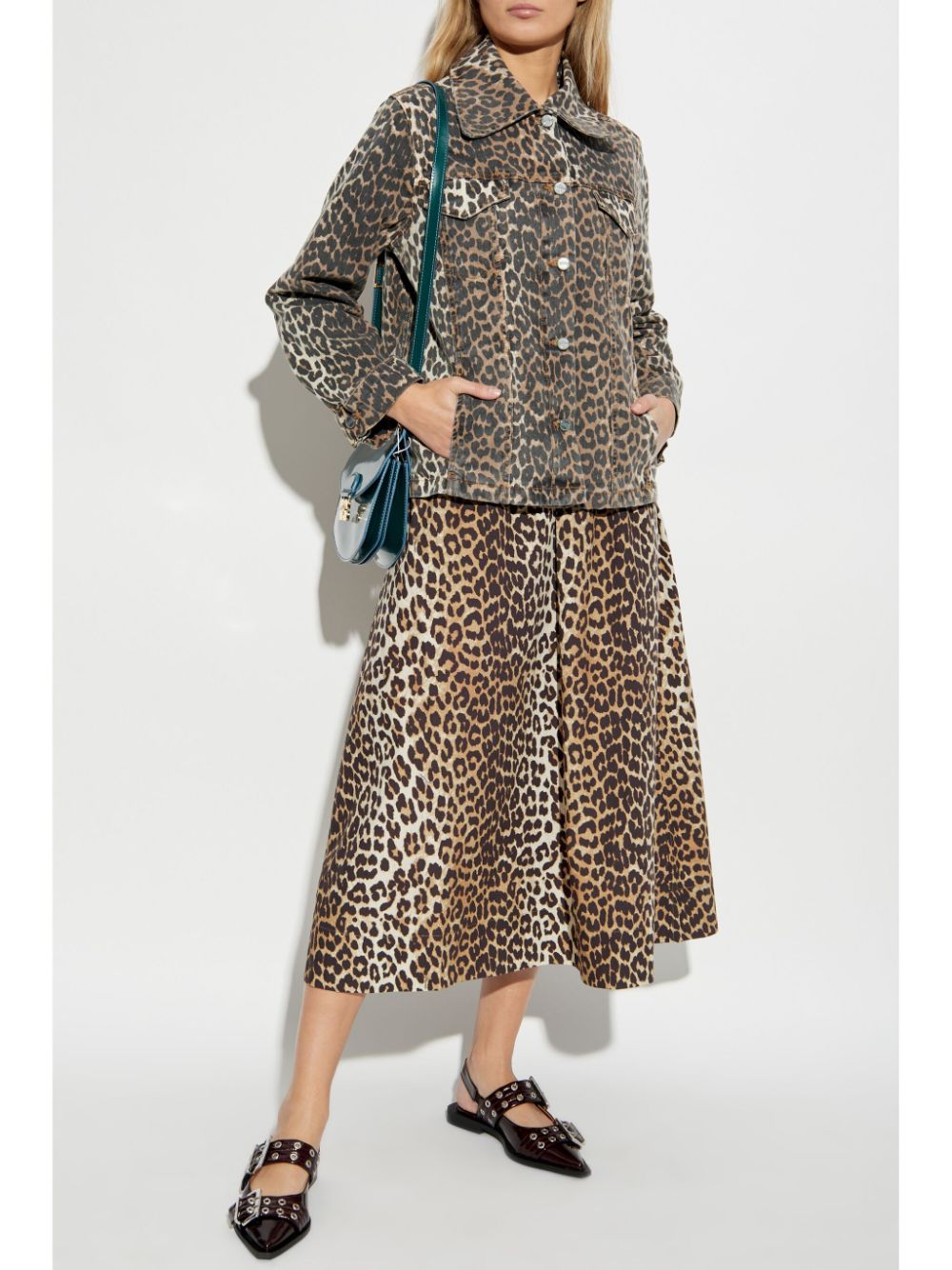 Ganni Leopard Print Organic Cotton A-Line Midi Skirt Brown