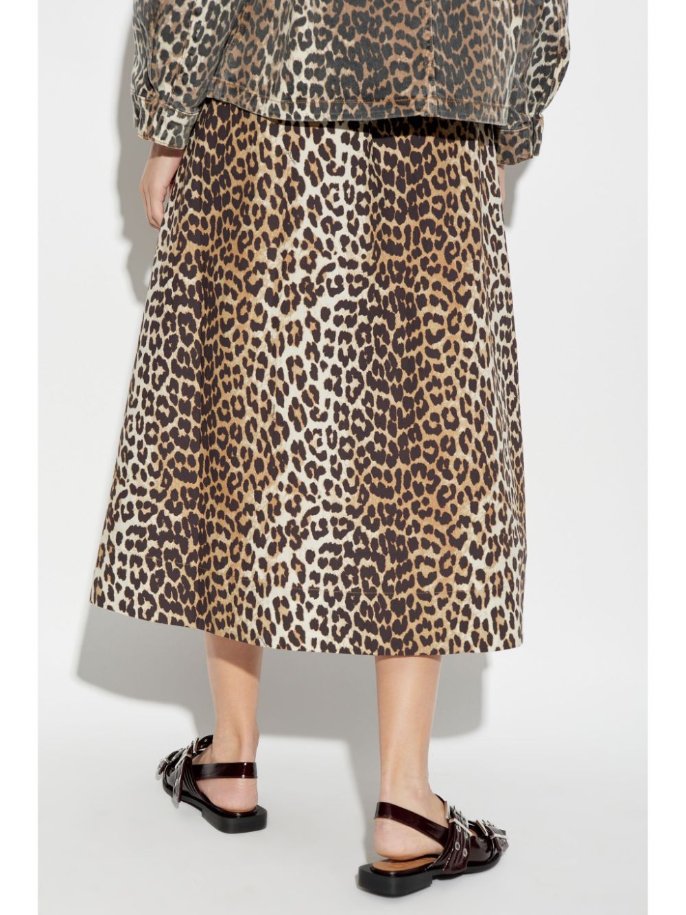 Ganni Leopard Print Organic Cotton A-Line Midi Skirt Brown