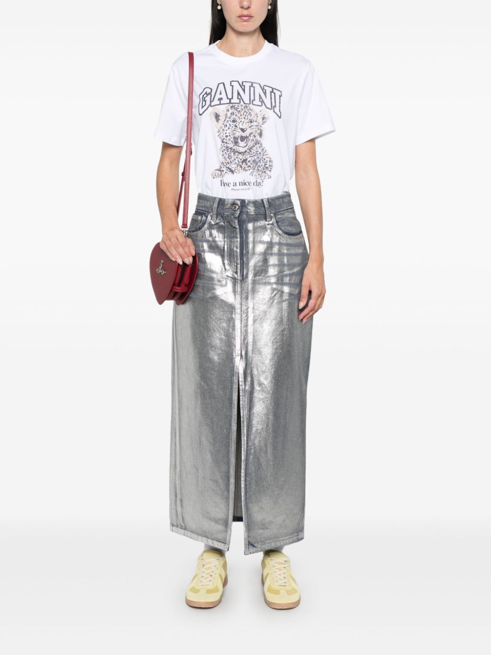 Ganni Leopard-Print Organic Cotton T-Shirt White