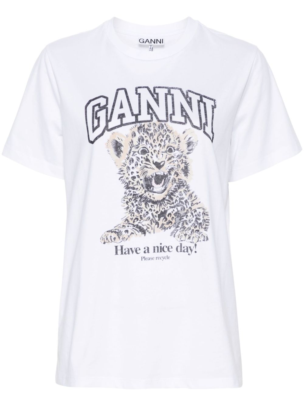 Ganni Leopard-Print Organic Cotton T-Shirt White
