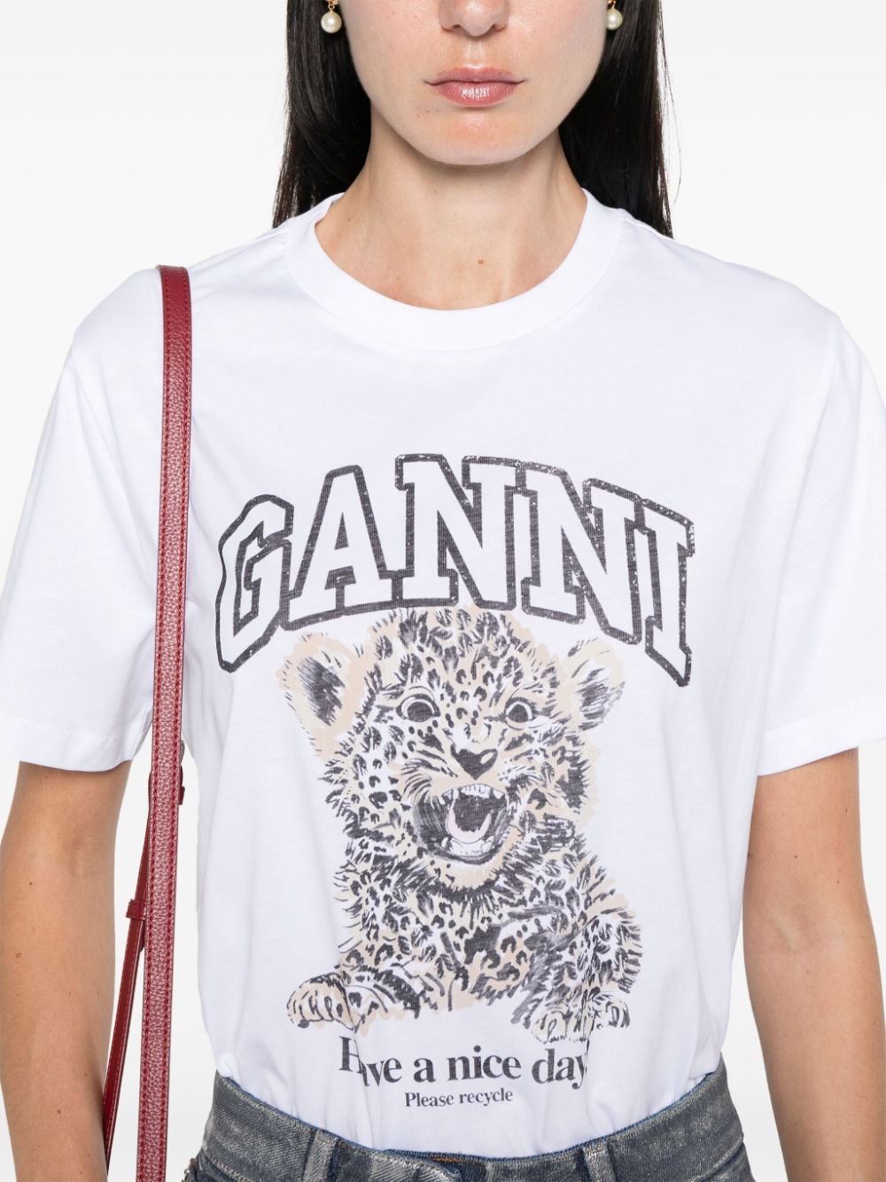 Ganni Leopard-Print Organic Cotton T-Shirt White