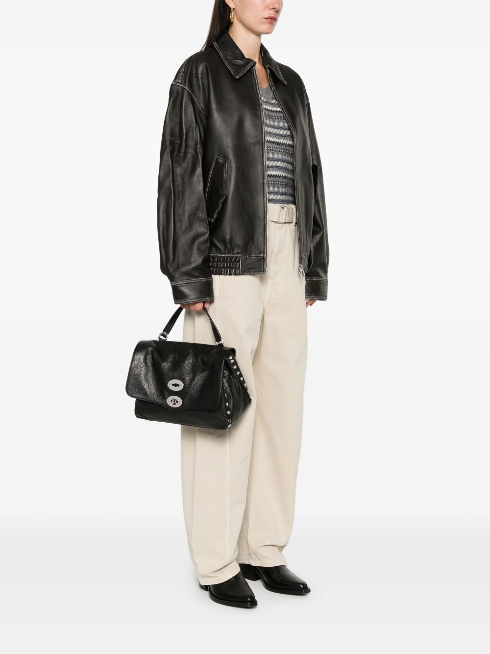 Zanellato Postina Daily Medium Grained Leather Handbag Black