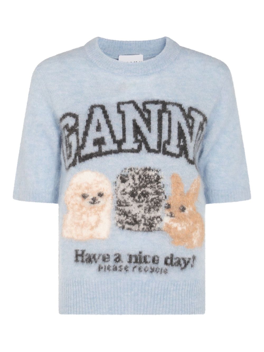 Ganni Crew Neck Ribbed Wool-Blend T-Shirt Clear Blue