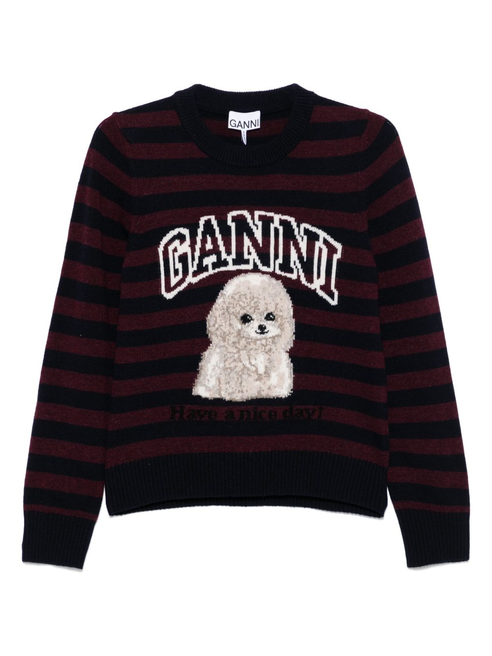 Ganni Striped Poodle Wool Crewneck Sweater Bordeaux