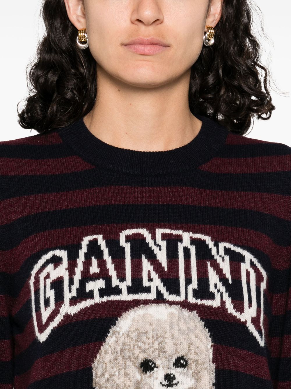 Ganni Striped Poodle Wool Crewneck Sweater Bordeaux