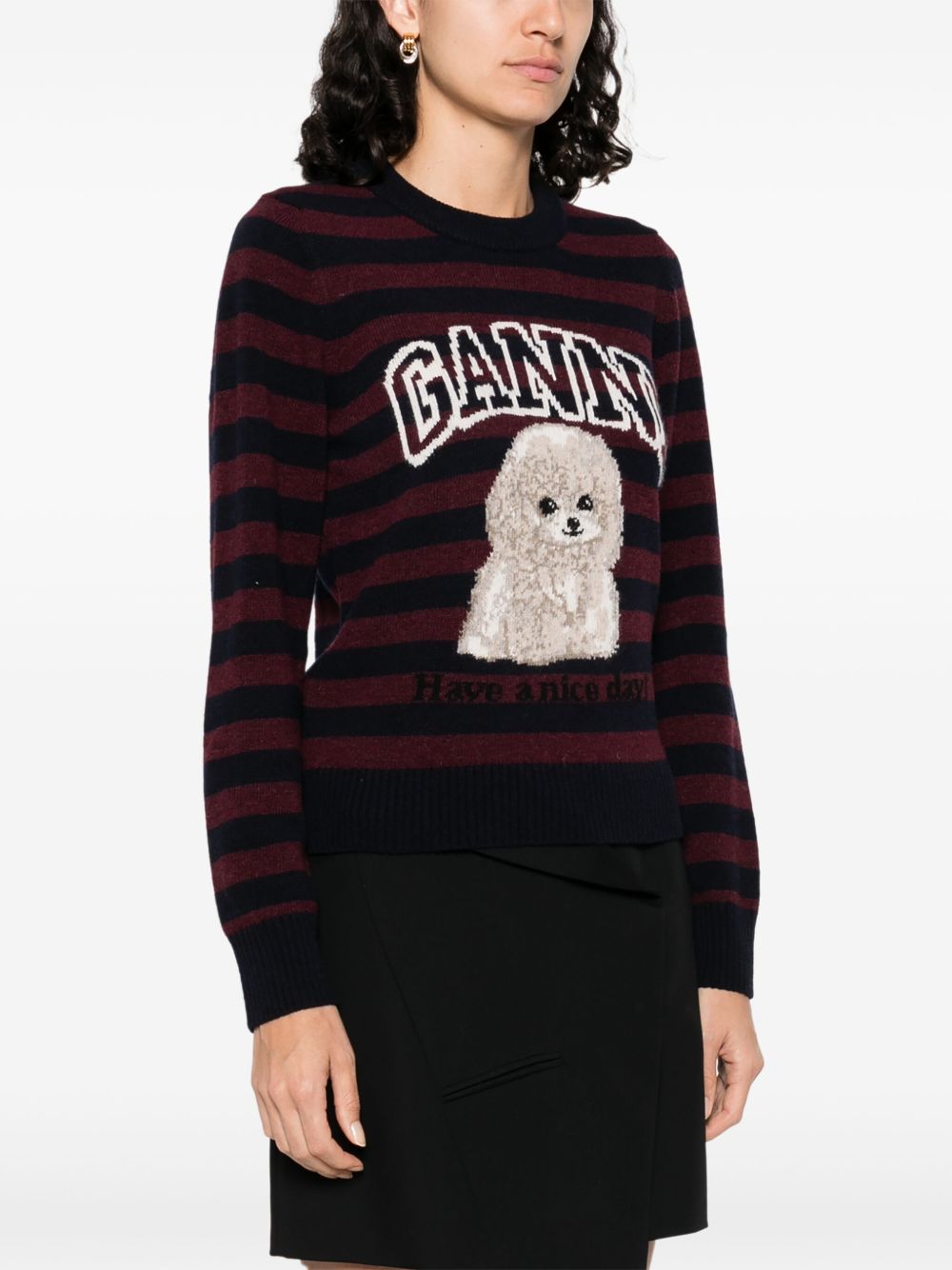 Ganni Striped Poodle Wool Crewneck Sweater Bordeaux