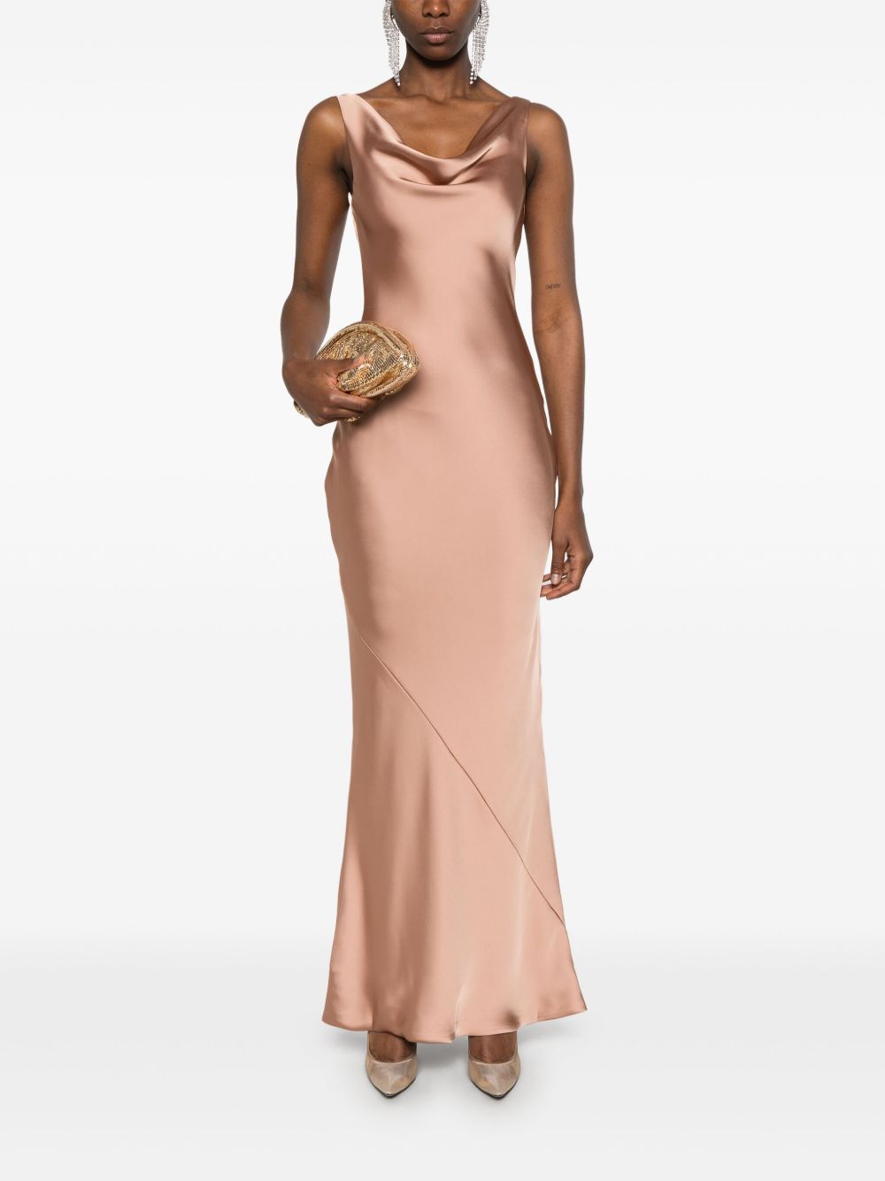 Norma Kamali Maria Cowl-Neck Sleeveless Flared Gown Beige