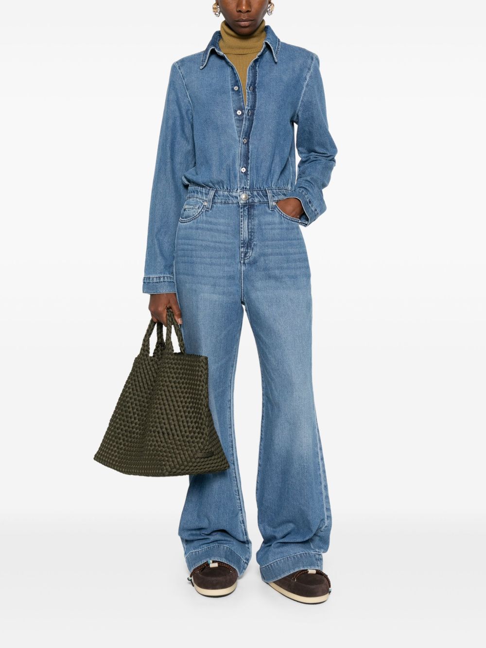 Seven Clear Blue Denim Jumpsuit with Classic Collar and Flared Legs Clear Blue