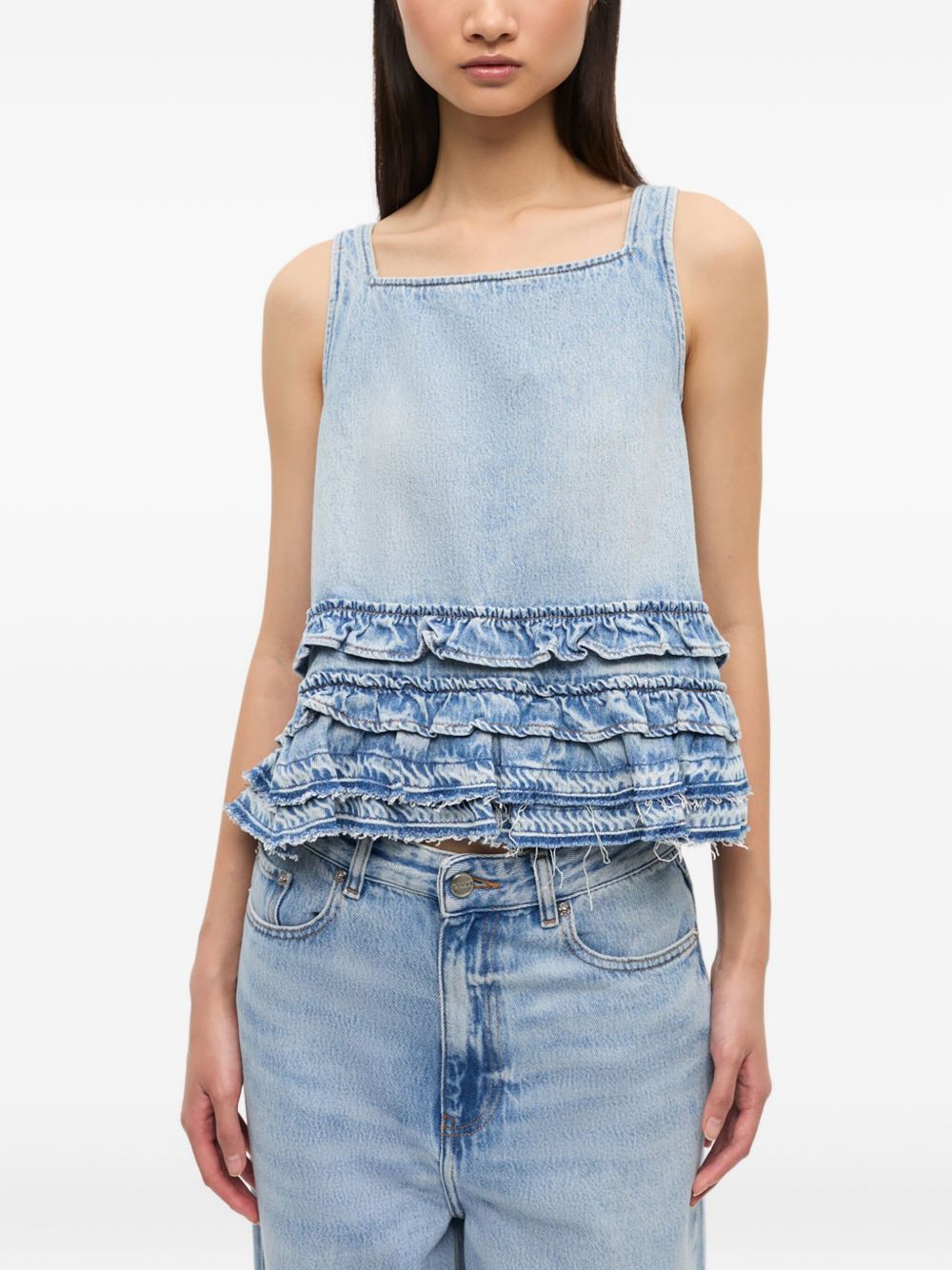 Ganni Denim Ruffled Backless Top Clear Blue