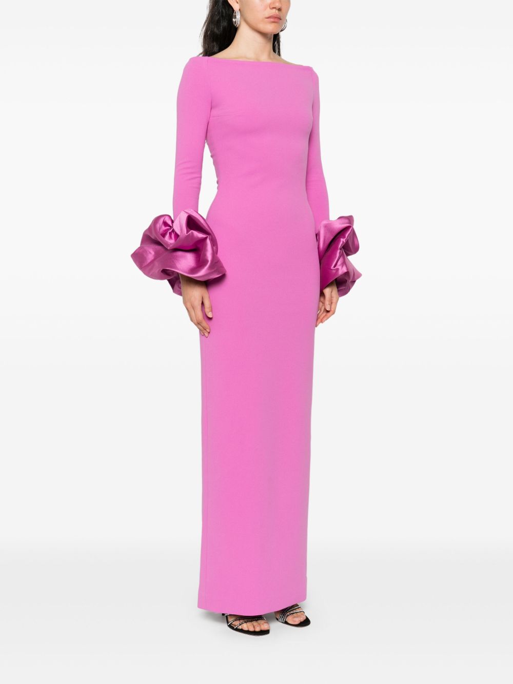 Solace London Off-Shoulder Fuchsia Maxi Dress with Ruffle Cuffs Fuchsia