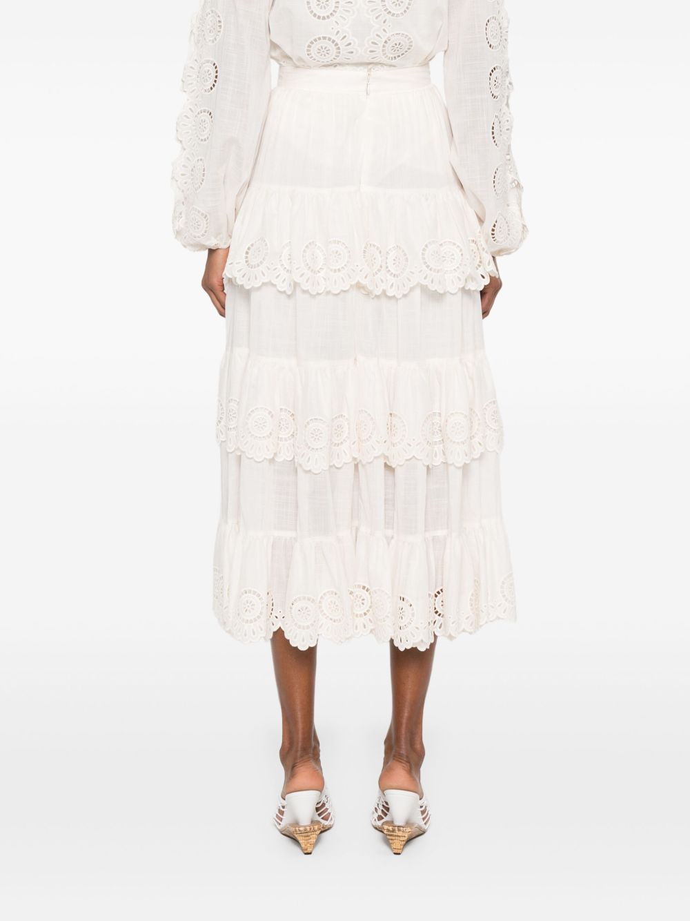 Zimmermann Lucky Embroidered High-Rise A-Line Midi Skirt Ivory