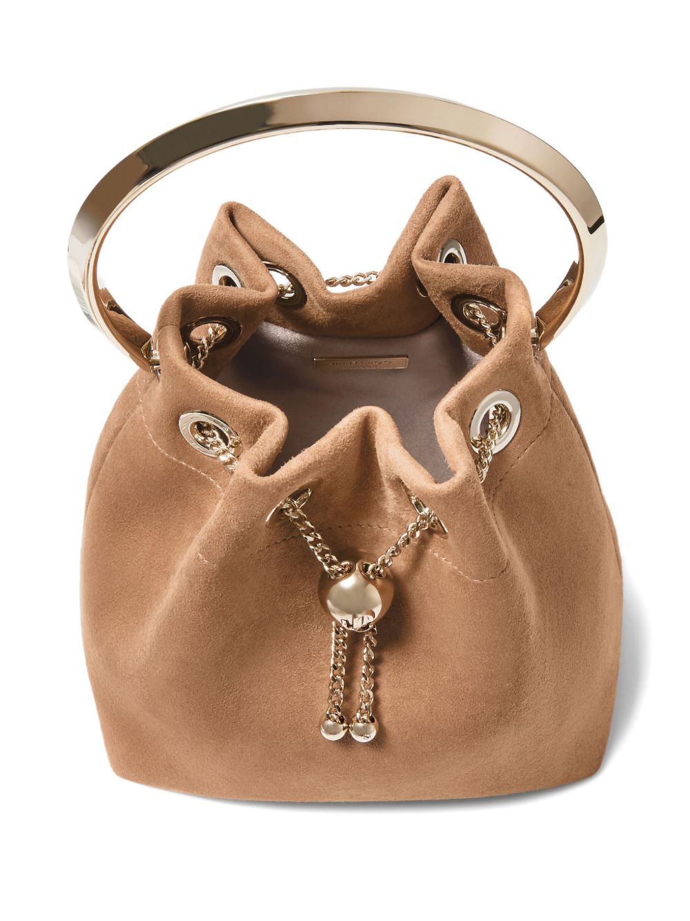 Jimmy Choo Toffee Suede Bucket Bag with Pearl Closure Brown