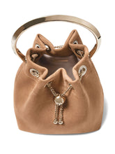 Jimmy Choo Toffee Suede Bucket Bag with Pearl Closure Brown