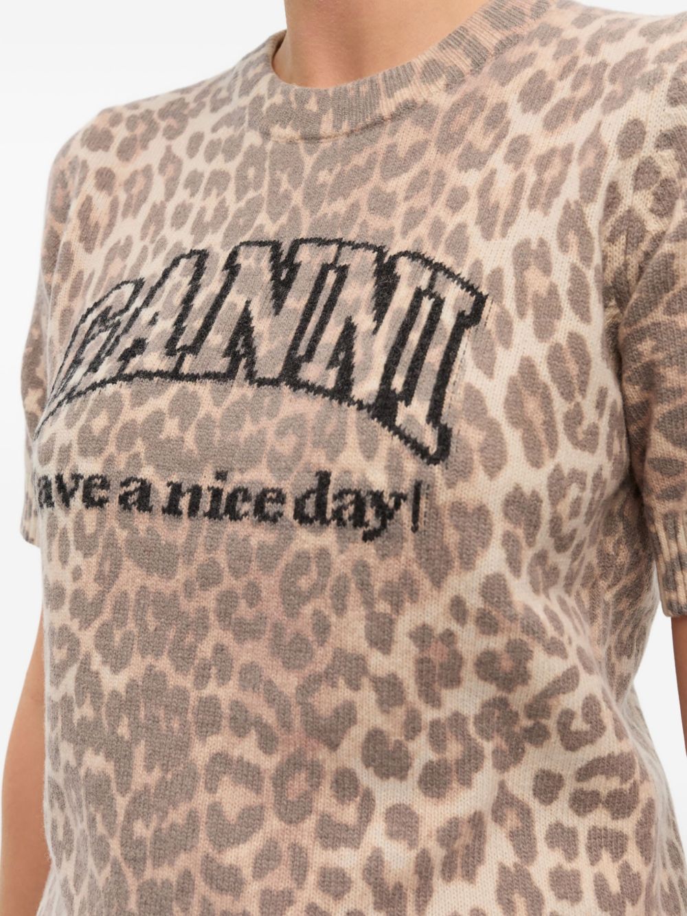 Ganni Leopard-Print Wool-Blend T-Shirt Brown