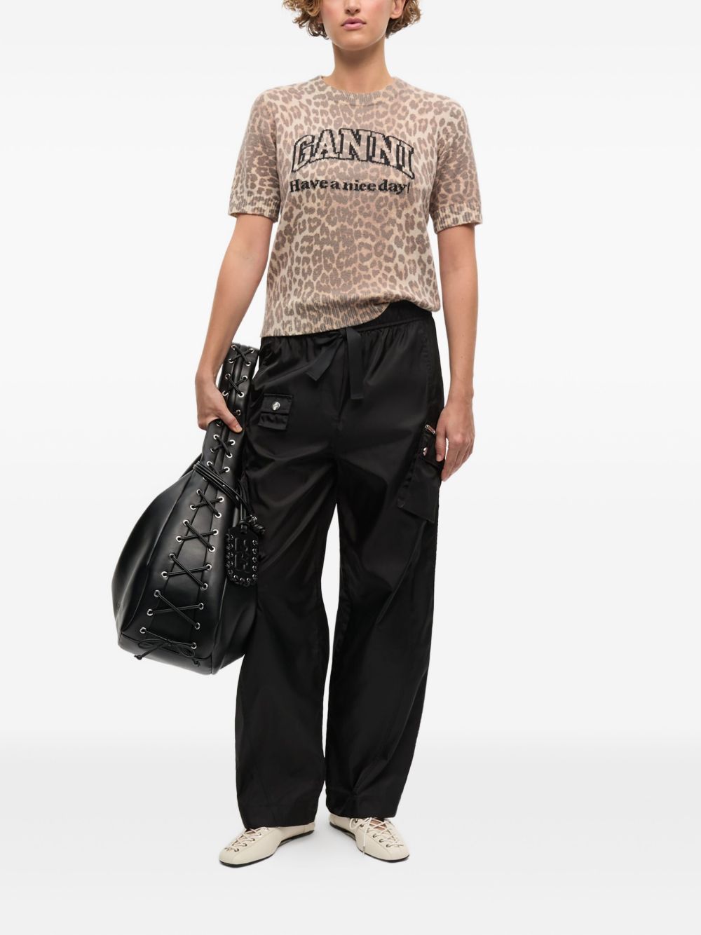 Ganni Leopard-Print Wool-Blend T-Shirt Brown