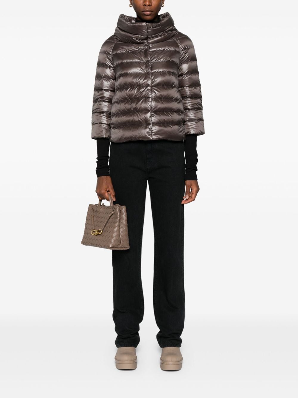 Herno Glossy Grey Funnel Neck Down Cape Jacket Grey