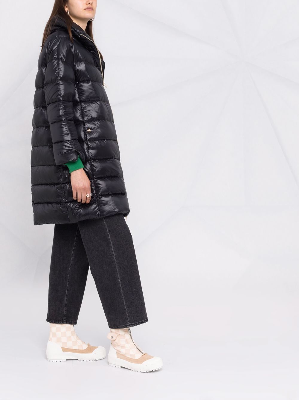 Herno Feather Down Padded Stand Collar Midi Coat Black