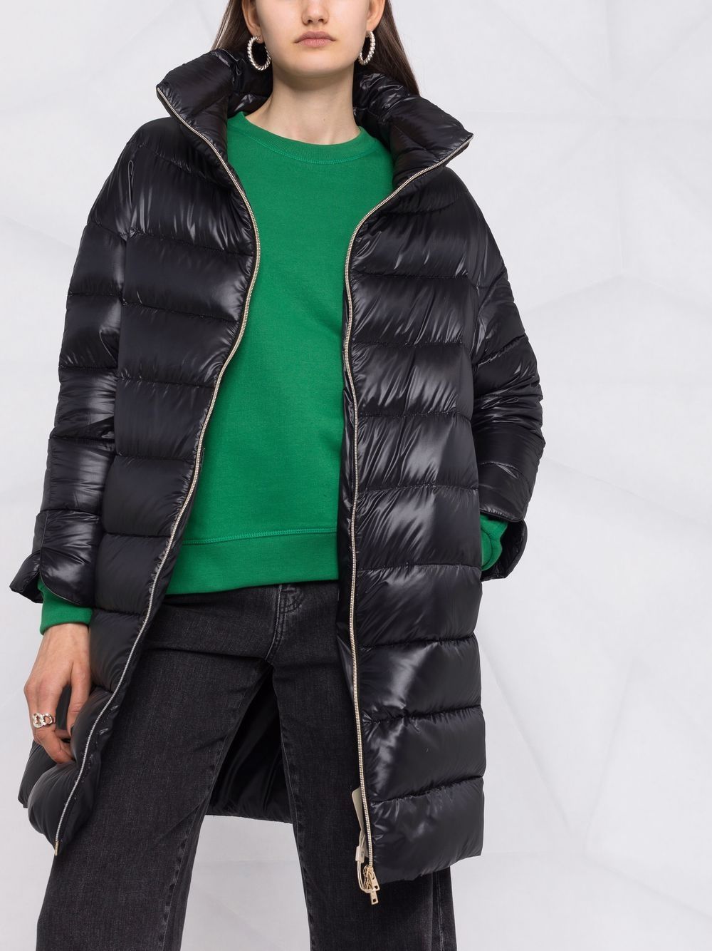 Herno Feather Down Padded Stand Collar Midi Coat Black
