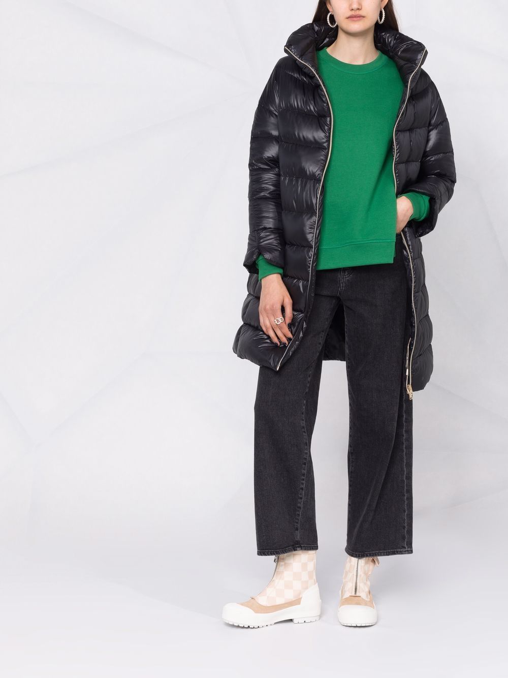 Herno Feather Down Padded Stand Collar Midi Coat Black