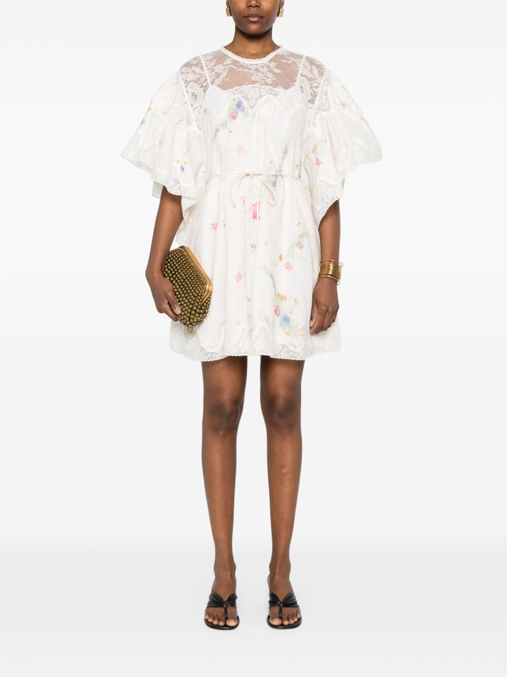 Zimmermann Lace-Trimmed Floral Linen Mini Dress Beige