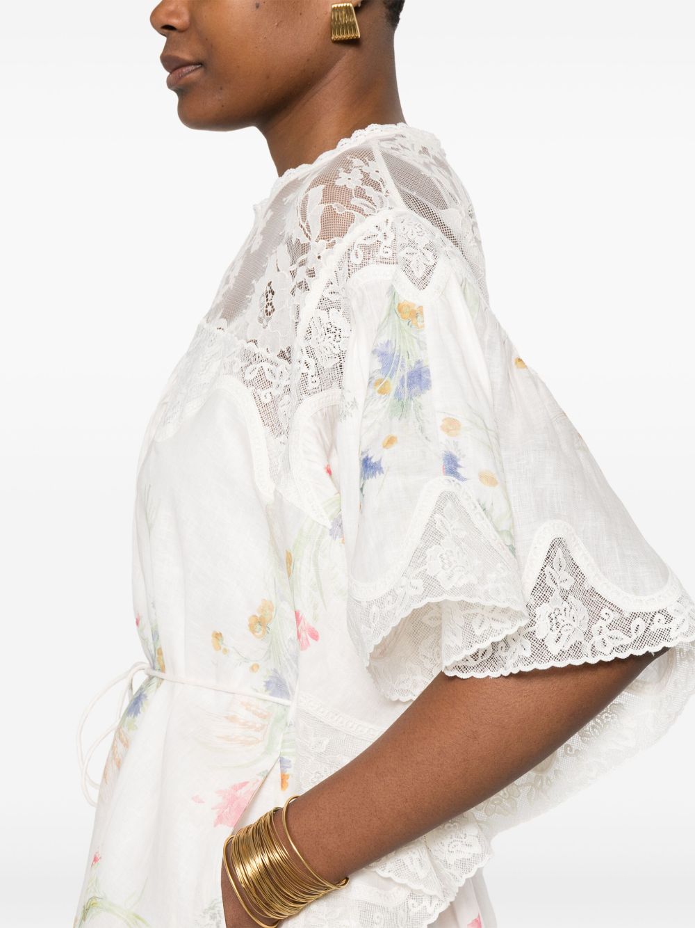 Zimmermann Lace-Trimmed Floral Linen Mini Dress Beige