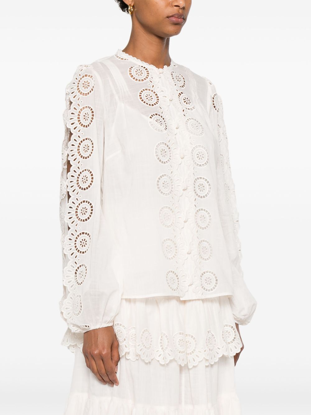 Zimmermann Embroidered Cotton Blouse with Round Neck Ivory Ivory