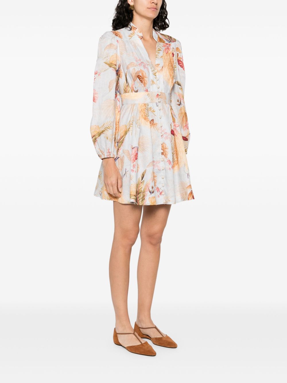 Zimmermann Ascension Linen Mini Dress Clear Blue With Leaf Print Clear Blue