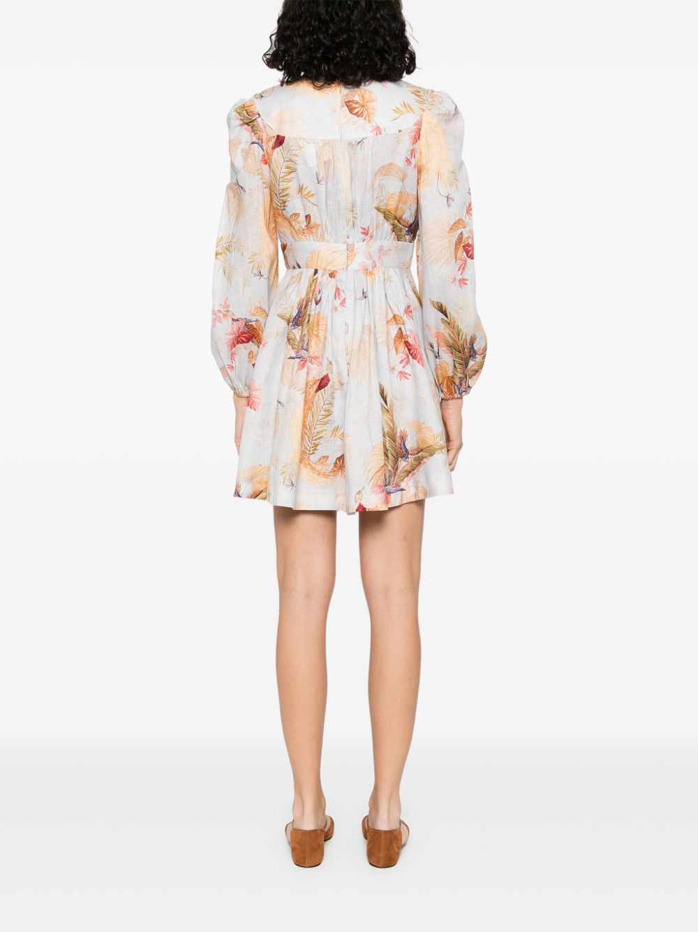Zimmermann Ascension Linen Mini Dress Clear Blue With Leaf Print Clear Blue