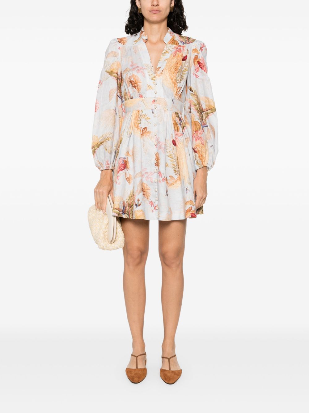 Zimmermann Ascension Linen Mini Dress Clear Blue With Leaf Print Clear Blue