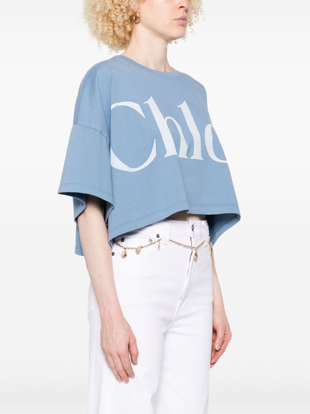 Chloè Cropped Cotton Logo T-Shirt Clear Blue