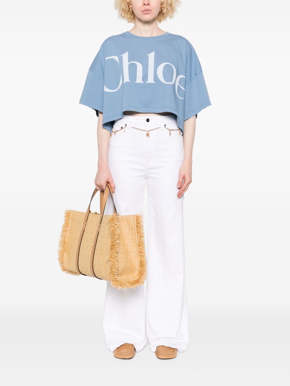 Chloè Cropped Cotton Logo T-Shirt Clear Blue