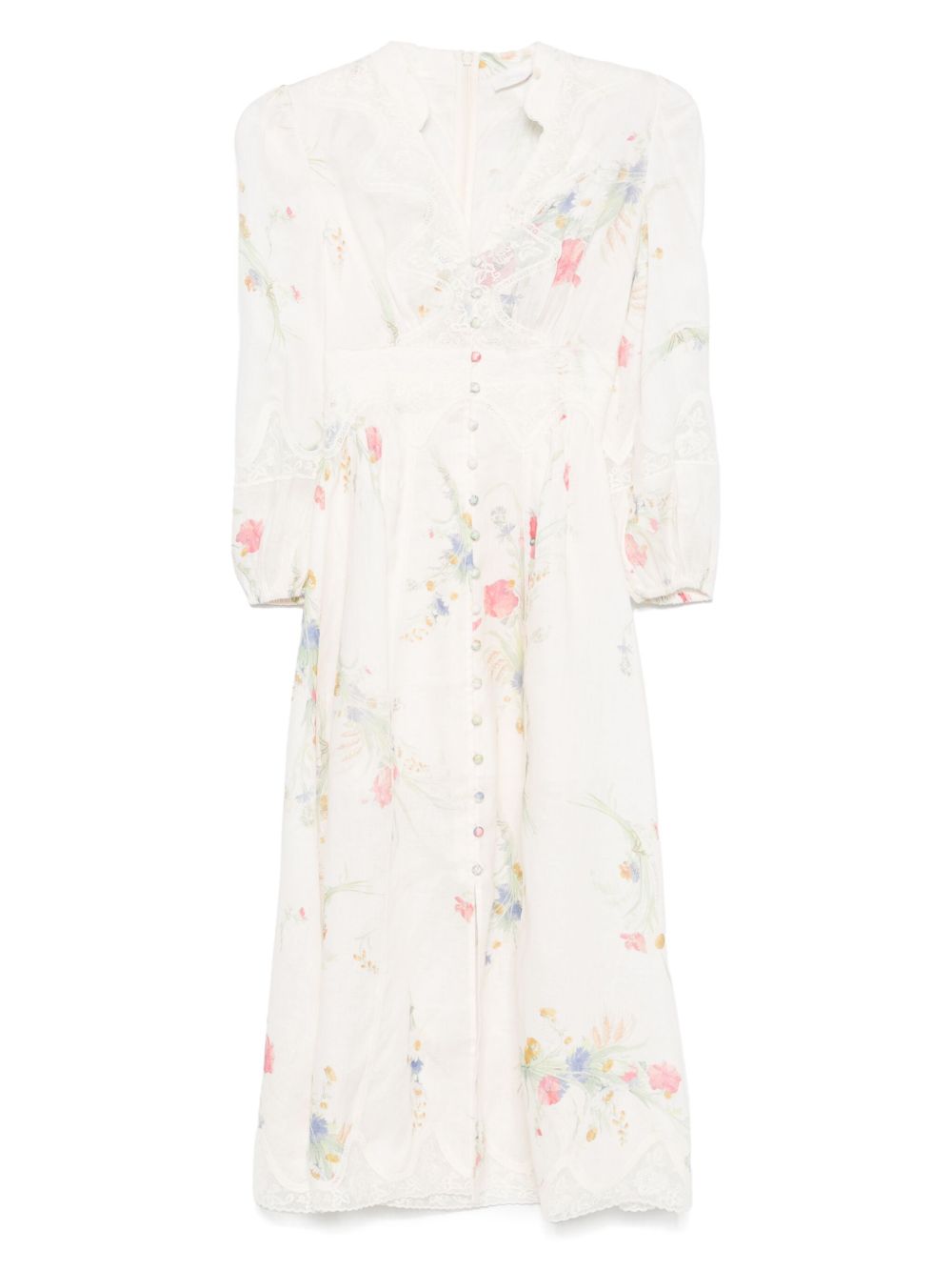 Zimmermann Lucky Linen Floral-Print Midi Dress Beige