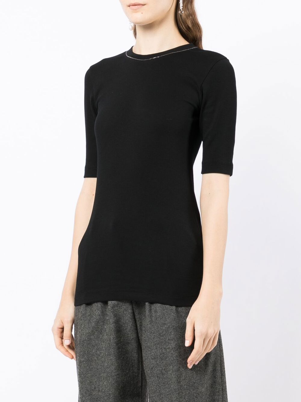 Brunello Cucinelli Monili-Detail Black Cotton T-Shirt with Crew Neck Black