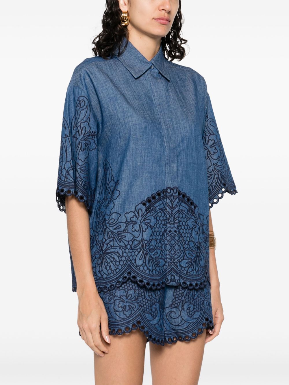 Zimmermann Coco Embroidered Denim Shirt in Blue