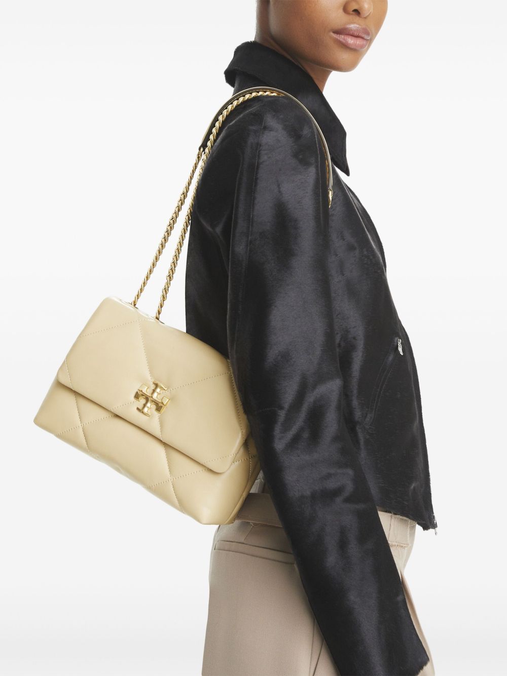 Tory Burch Kira Diamond Small Quilted Leather Shoulder Bag Beige