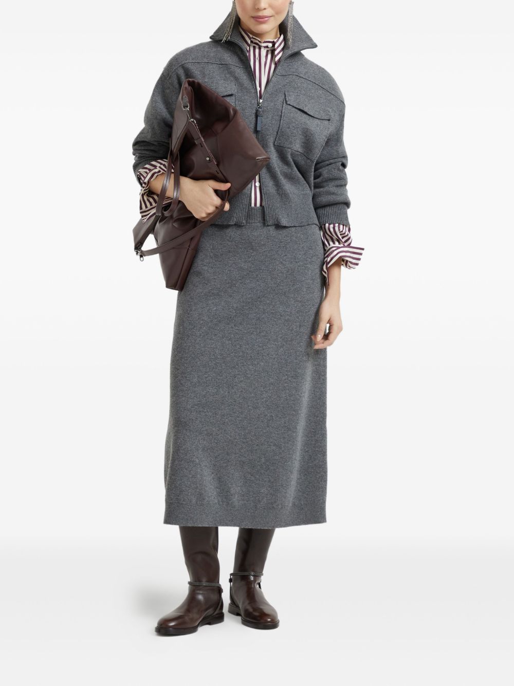 Brunello Cucinelli Midi Cashmere-Blend Skirt in Grey