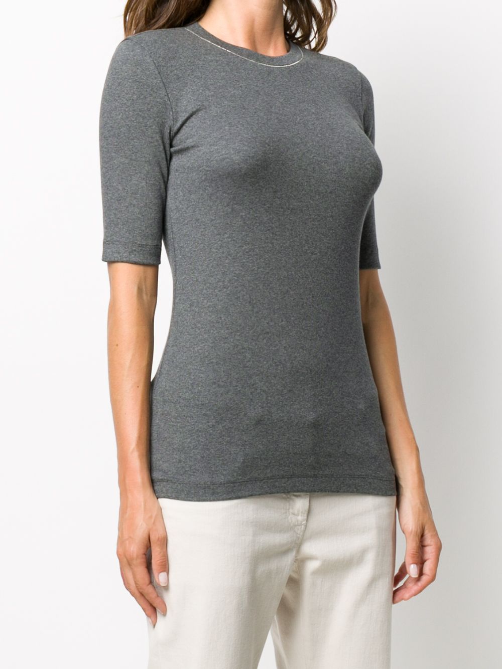 Brunello Cucinelli Fine Ribbed Metallic Embellished Cotton T-Shirt Grey