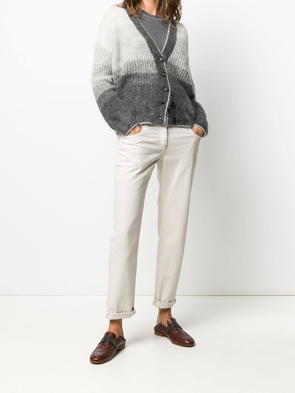 Brunello Cucinelli Fine Ribbed Metallic Embellished Cotton T-Shirt Grey