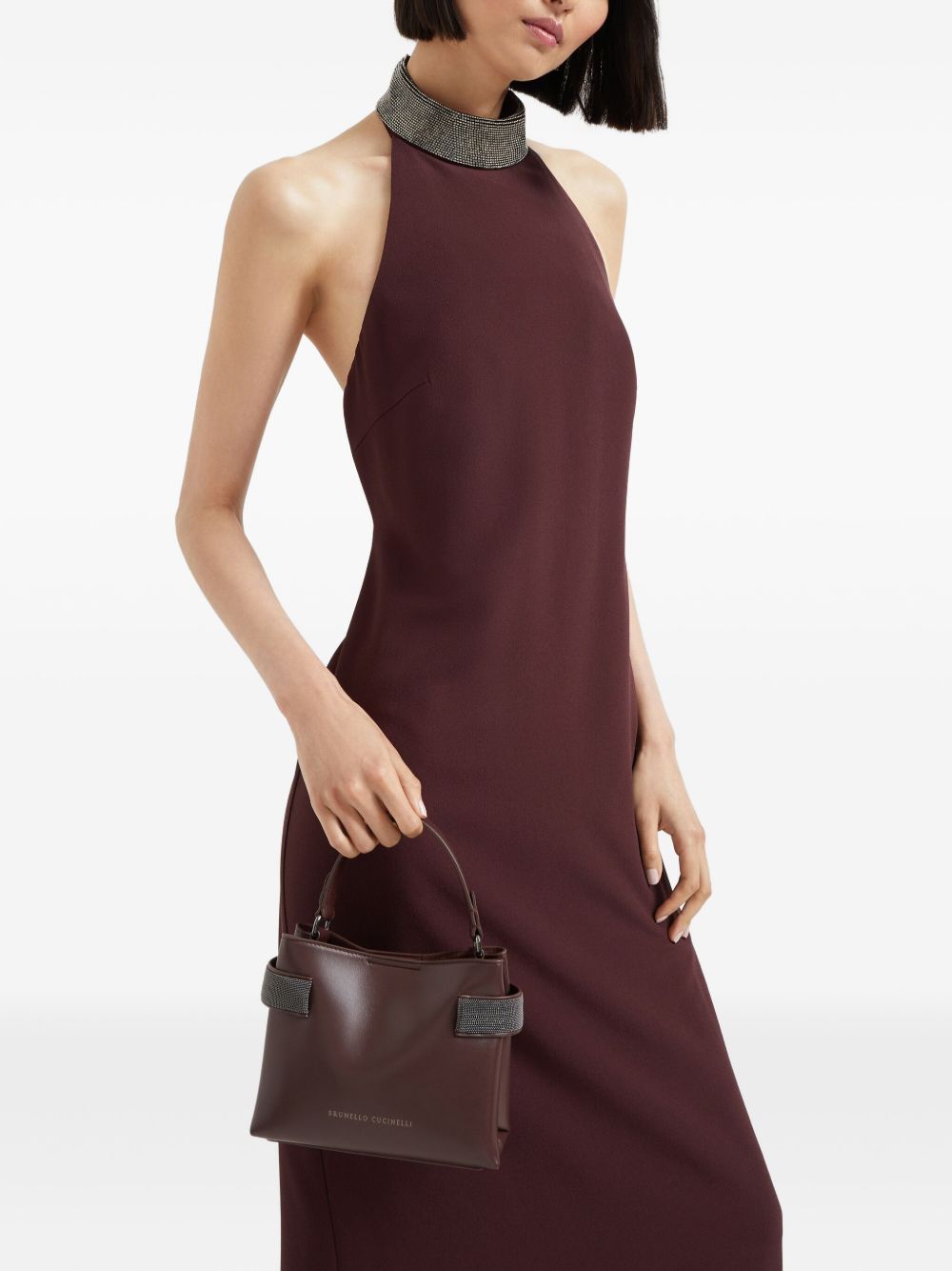 Brunello Cucinelli Essence Small Calfskin Top-Handle Bag with Embellished Bands Bordeaux