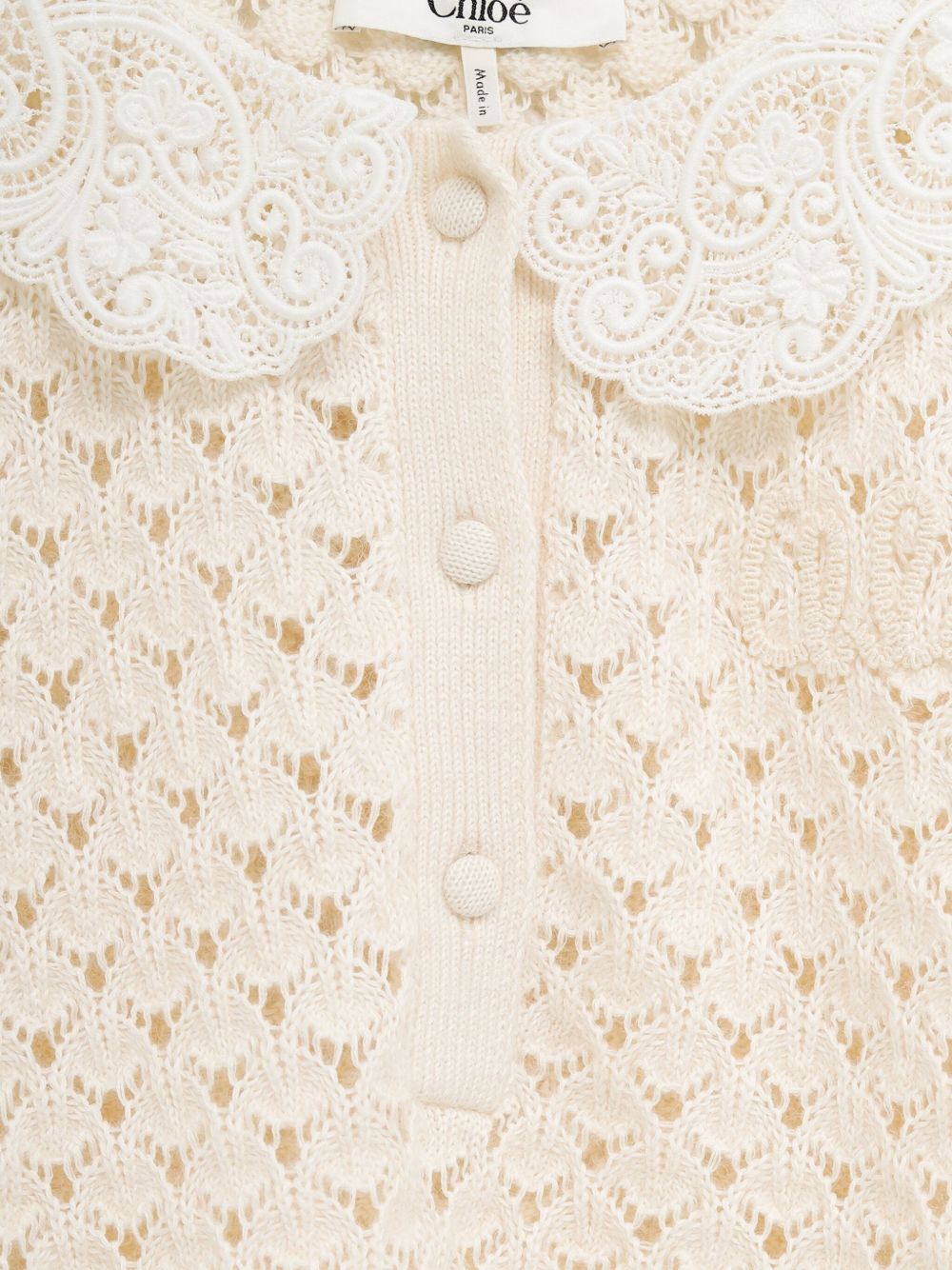 Chloè Open-Knit Wool and Silk-Blend Sweater with Lace Collar White