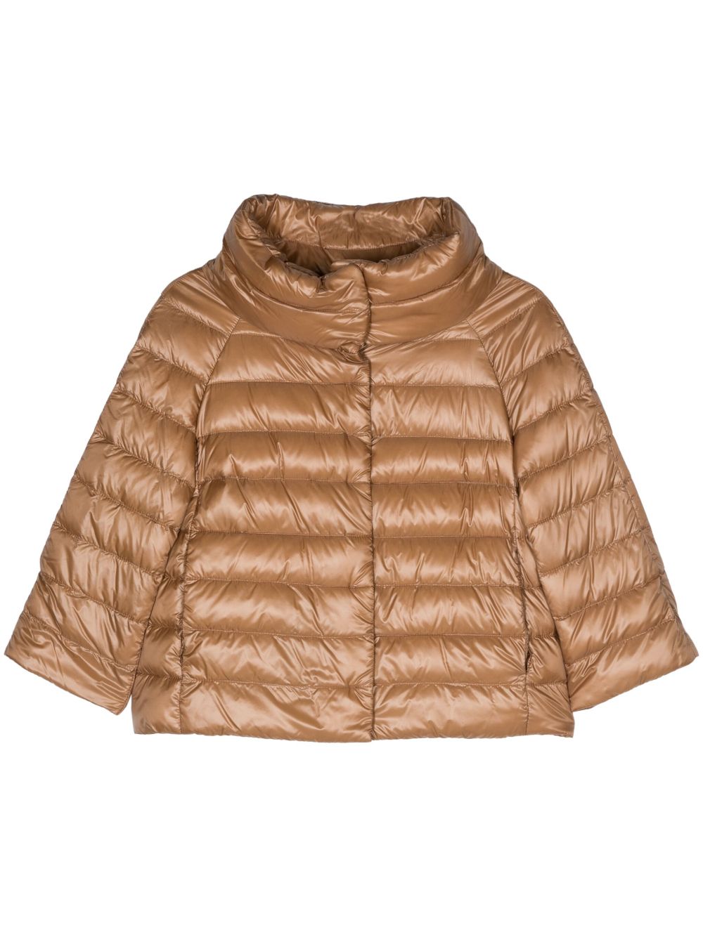 Herno Cropped Padded Funnel-Neck Cape in Camel Camel