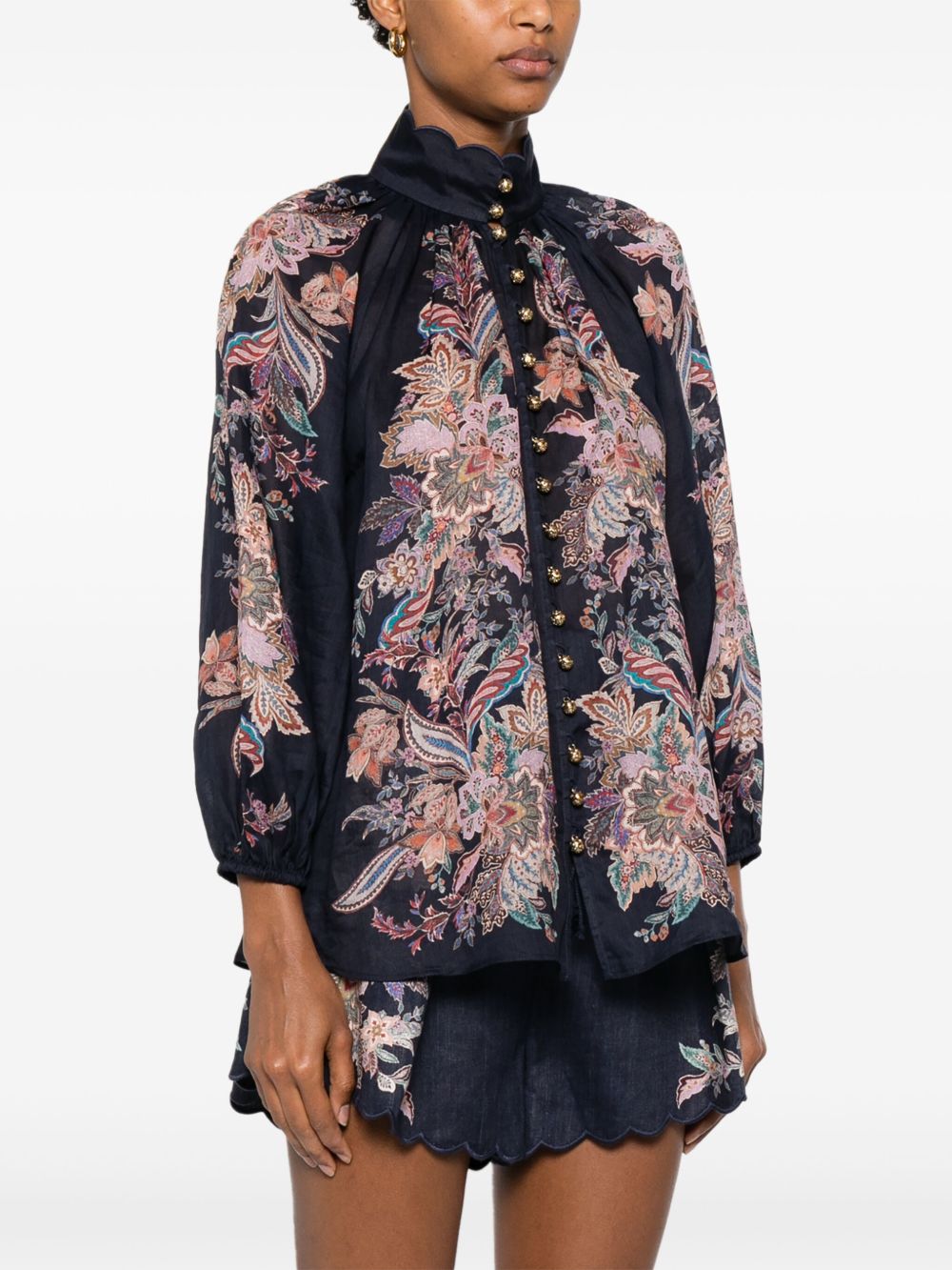 Zimmermann Rhiannon Billow Paisley-Print Ramie Blouse Blue