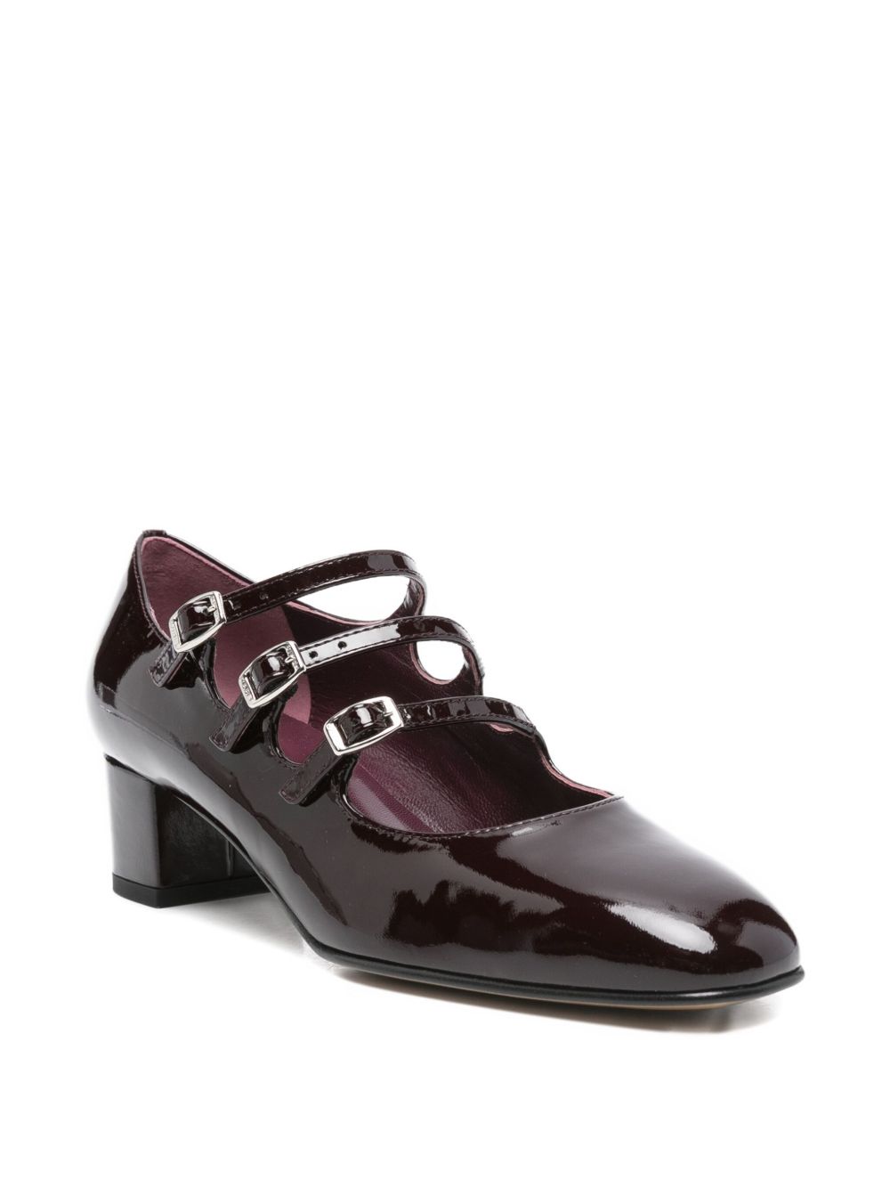 Carel Paris Patent Leather Triple Buckle Block-Heel Mary Jane Pumps Brown
