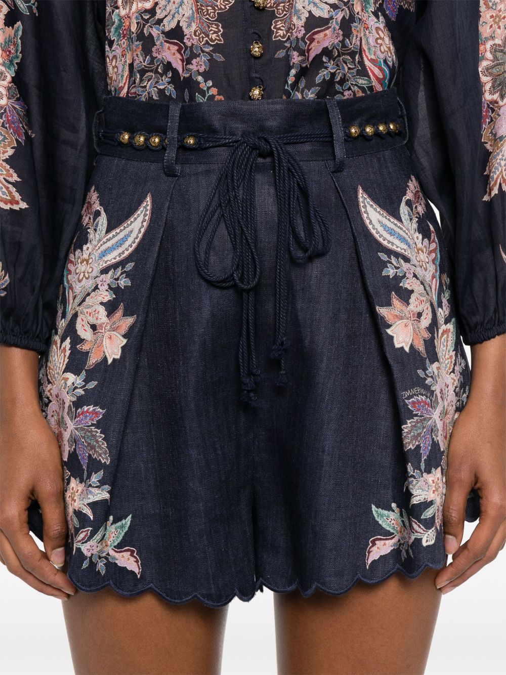 Zimmermann Rhiannon Scallop-Hem Printed Linen Shorts Blue