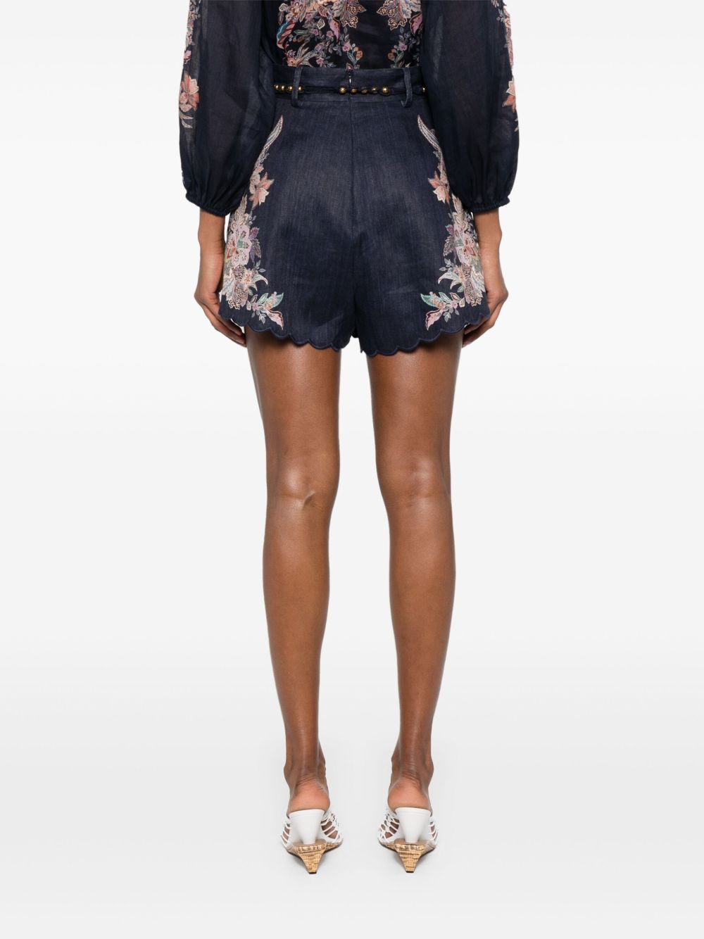 Zimmermann Rhiannon Scallop-Hem Printed Linen Shorts Blue