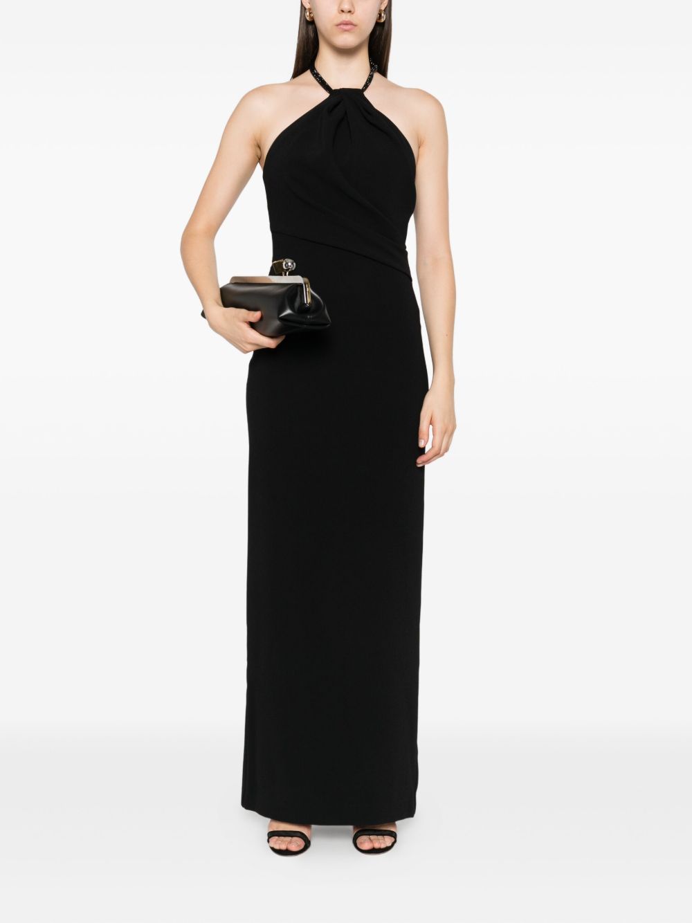 Solace London Halterneck Draped Beaded-Neckline Maxi Dress Black Black