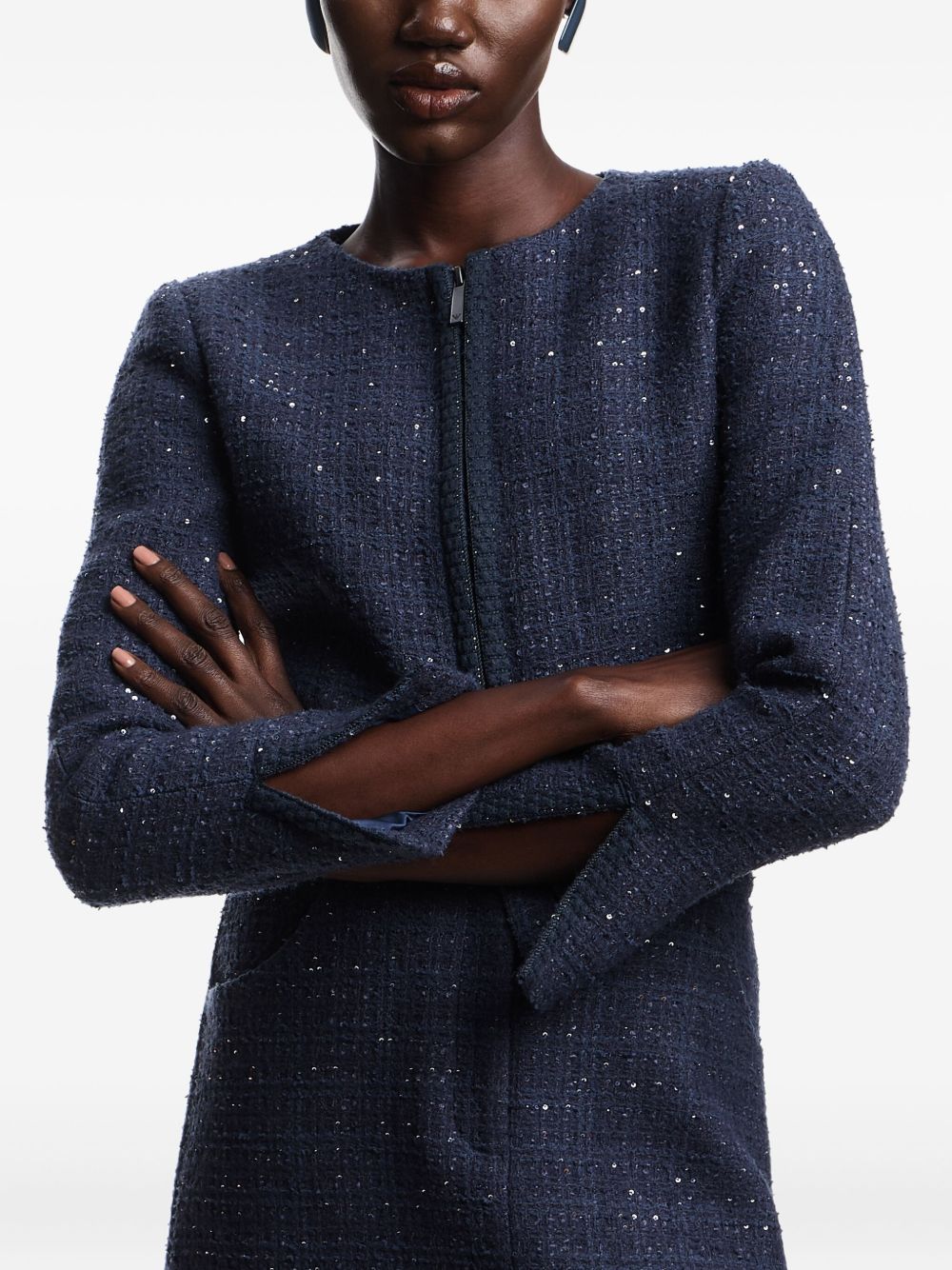Emporio Armani Navy Blue Sequin Tweed Wool-Blend Blazer with Zip Fastening Blue
